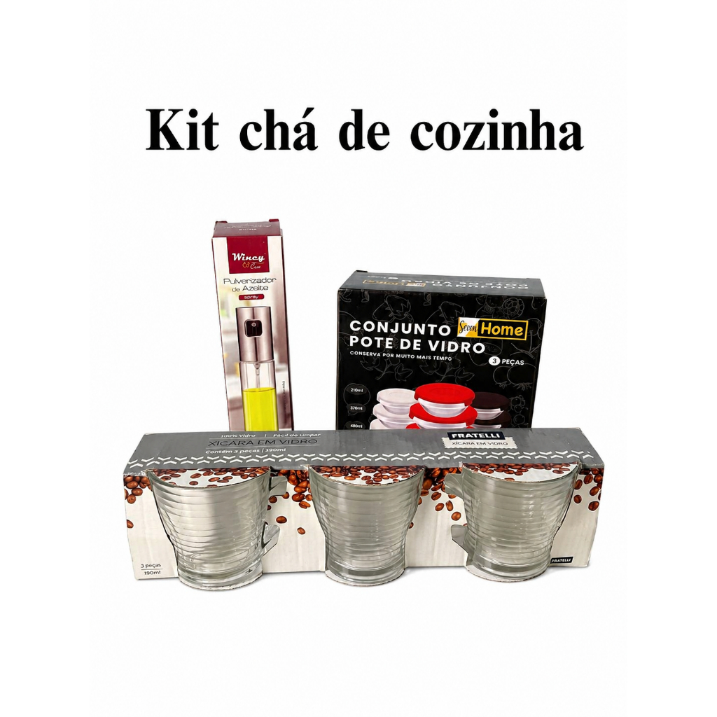 KIT CHÁ DE COZNHA | CANECA DE VIDRO 190ML | SPRAY DE OLÉO AZEITE | KIT 3 POTES DE VIDRO COM TAMPA