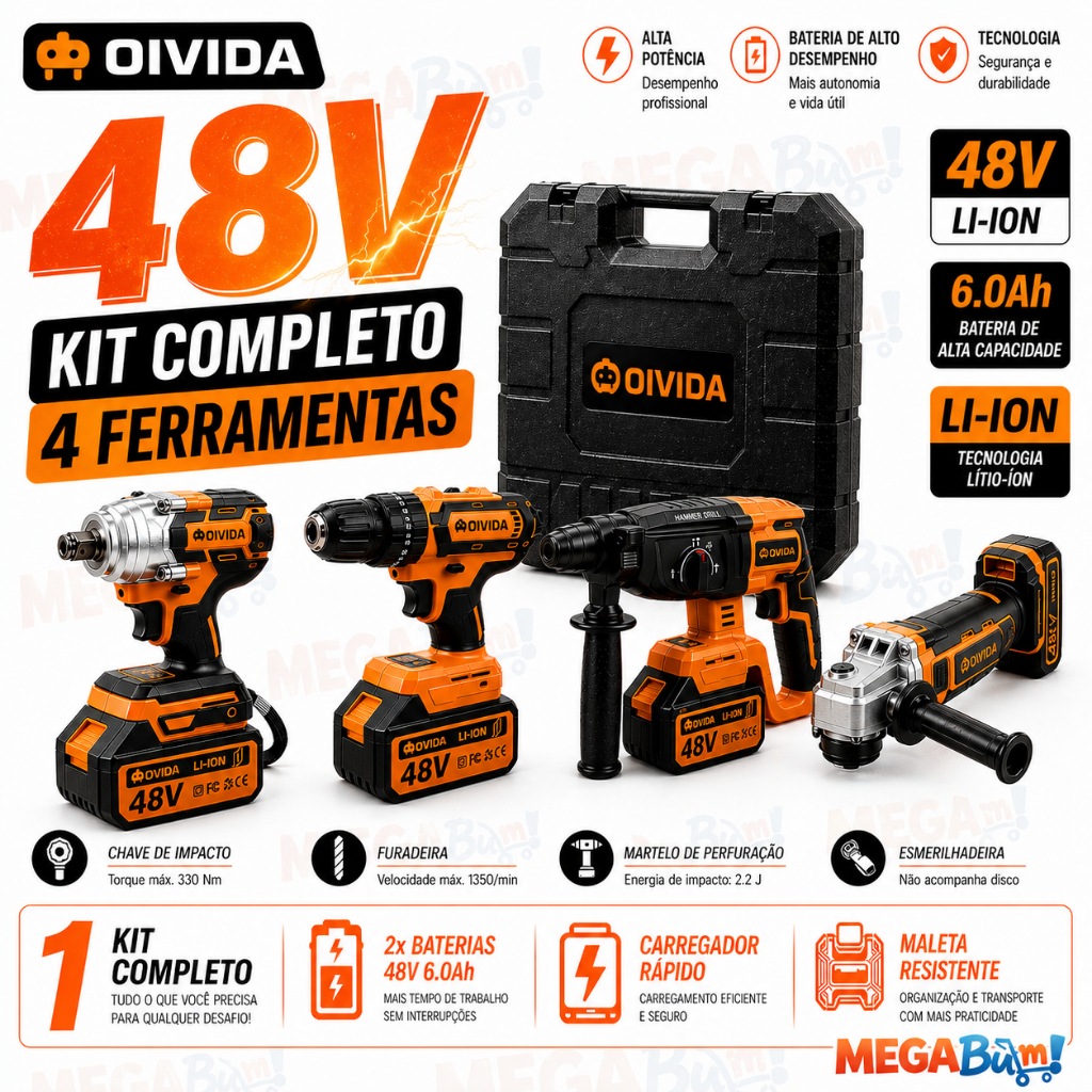 Kit Multi ferramentas 4 Em 1 | 48V Sem Fio 2 Baterias Furadeira Parafusadeira Martelete Esmerilhadeira Chave De Impacto