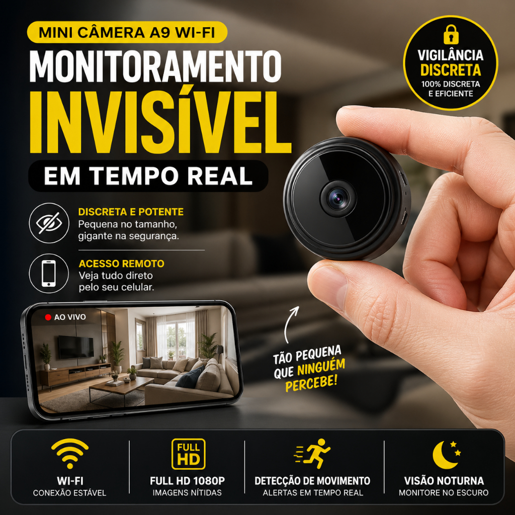 Mini Câmera Espiã WiFi Full HD 1080p com Áudio Visão Noturna Monitoramento Remoto A9