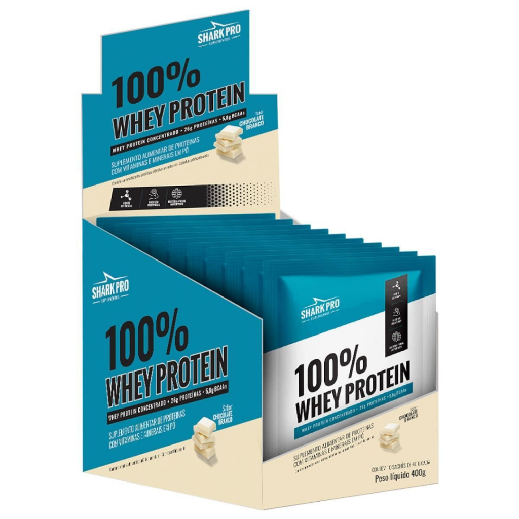 100% Whey Protein Sache Shark Pro 40g C/10 Sachês - Sabor Chocolate Branco