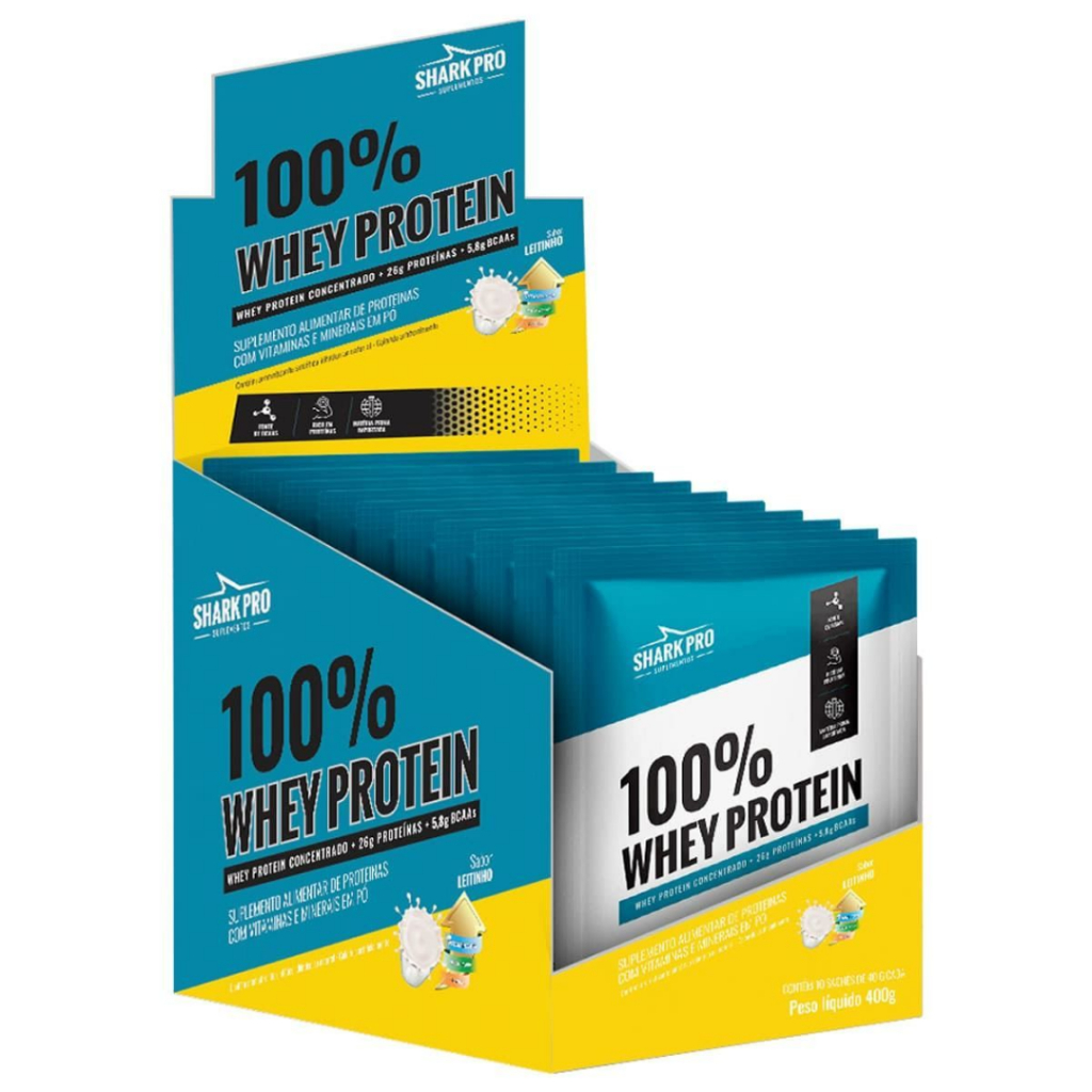 100% Whey Protein Sache Shark Pro 40g C/10 Sachês - Sabor Leitinho