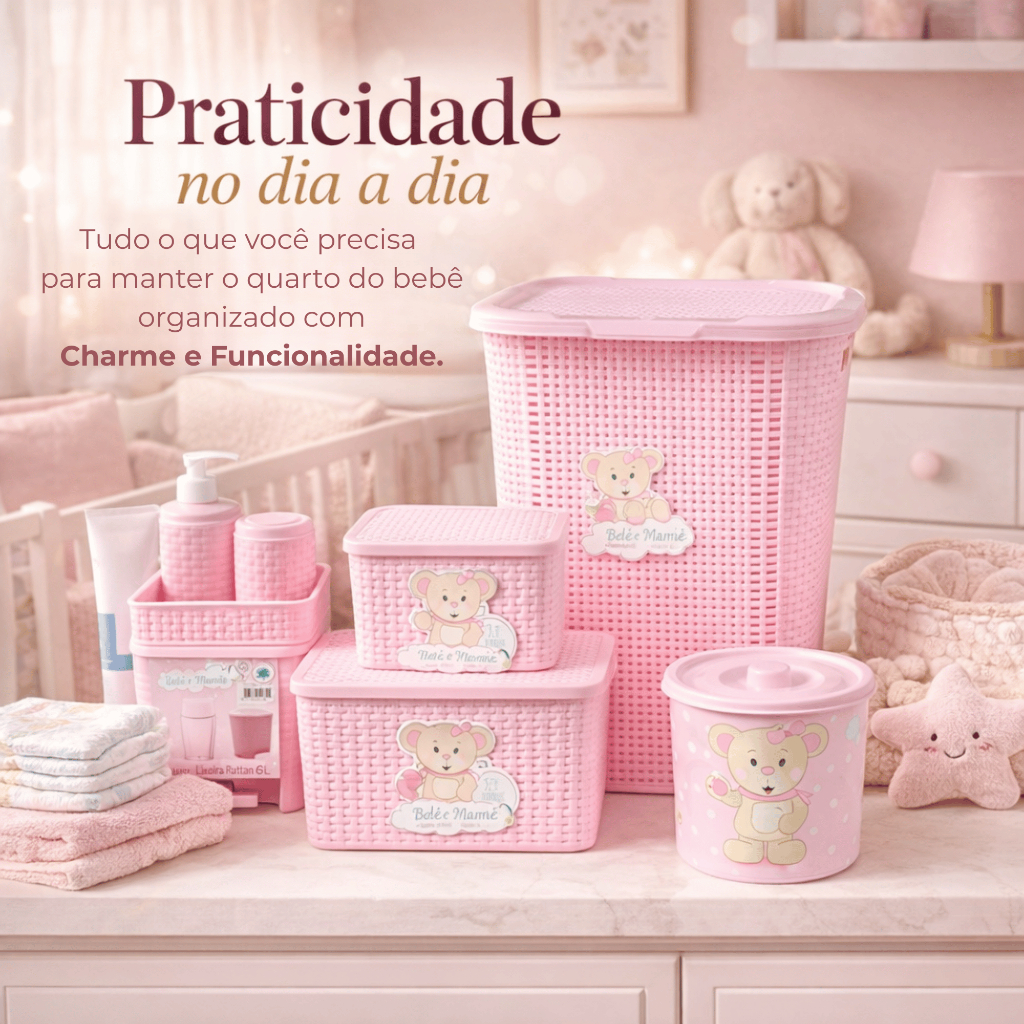 Kit Organizador Quarto Bebê Rattan Cesto Lixeira Caixa Multiuso Monte Líbano