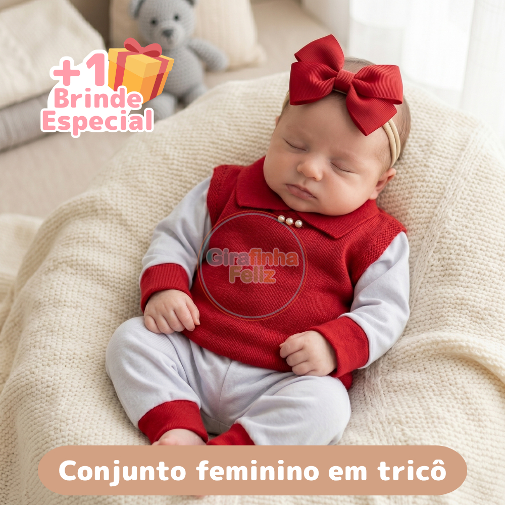 Saída de Maternidade Menina Bebê Tricô 3 peças Suéter + Casaco + Calça Tamanho RN recém nascido