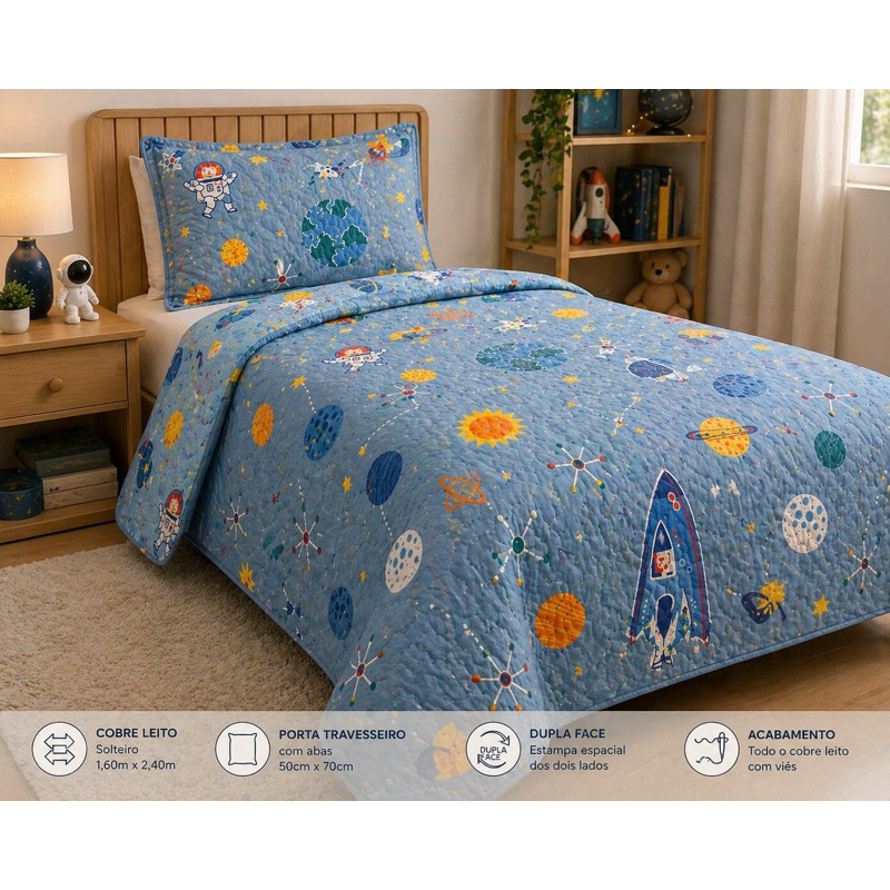 kit Colcha Cobre Leito Solteiro Dupla Face 2 Peças C/ Viés e Estampado infantil Oferta Relâmpago