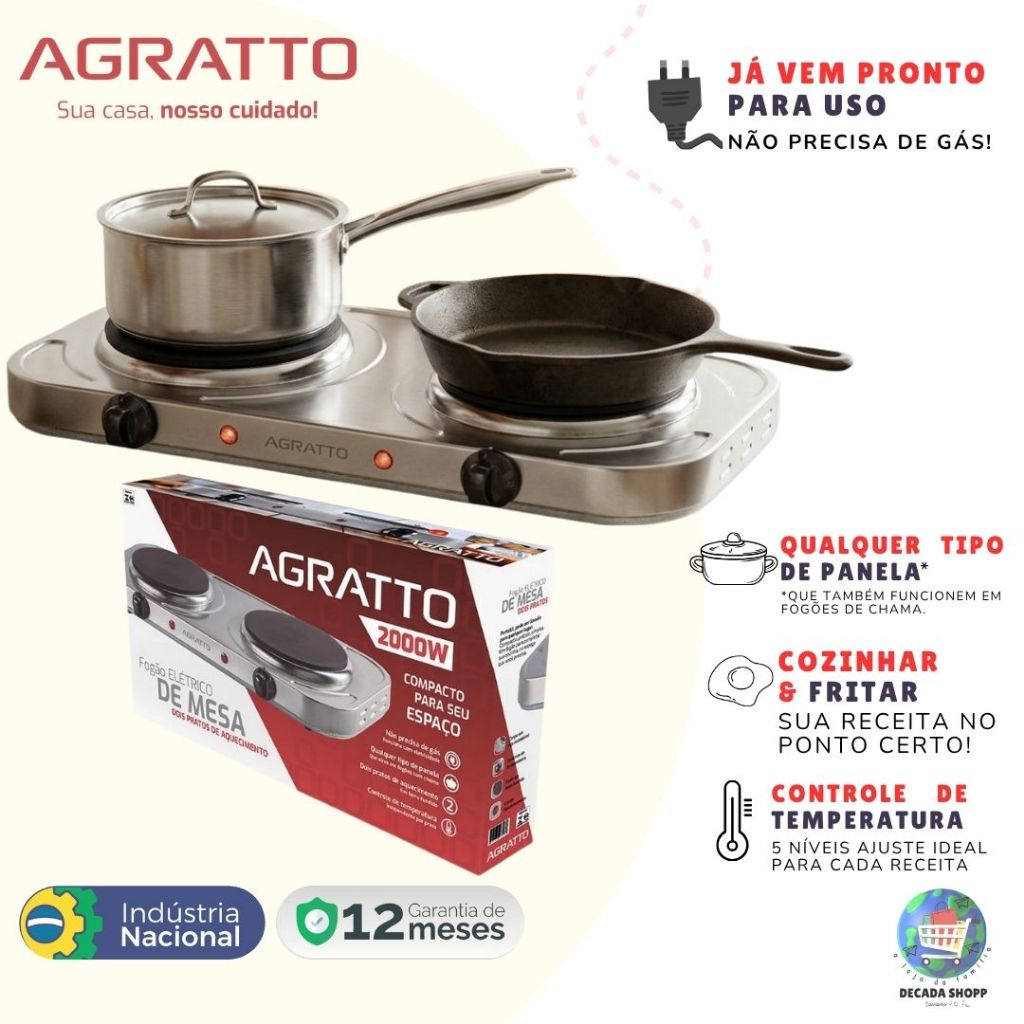Fogão Elétrico Portátil Agratto 127V ou 220V 2000W 2 Pratos Inox Camping Viagem Fogareiro ou Cooktop