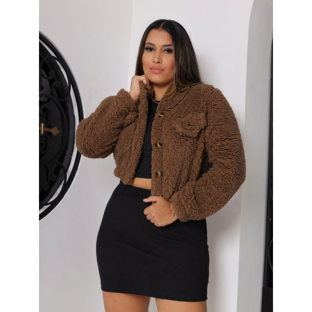 Casaco Teddy Feminino Cropped Botão Casaquinho Blusa Frio Curta Feminina Tedy Ted Blogueira Curto