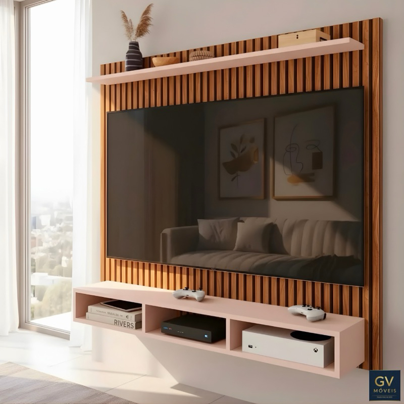 Painel Ripado TVs Até 50 Polegadas Aurora Ripado 3D com Nichos e Prateleira para Sala Moderna