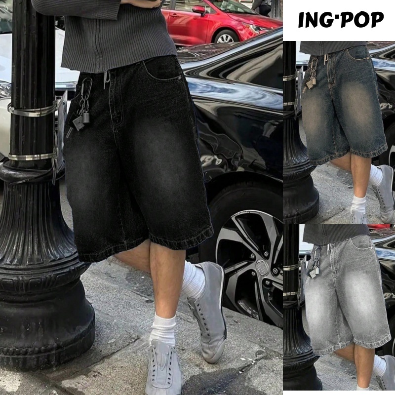 Jeans Masculino Casual Largas e Soltas Estilo Shorts Denim e Lavagem com Bolsos Inclinados