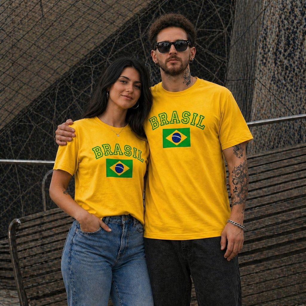 Kit 2 Camisetas Camisa Casal Básica Unissex Masculina Feminina Brasil Seleção Brasileira Copa do Mundo Algodão