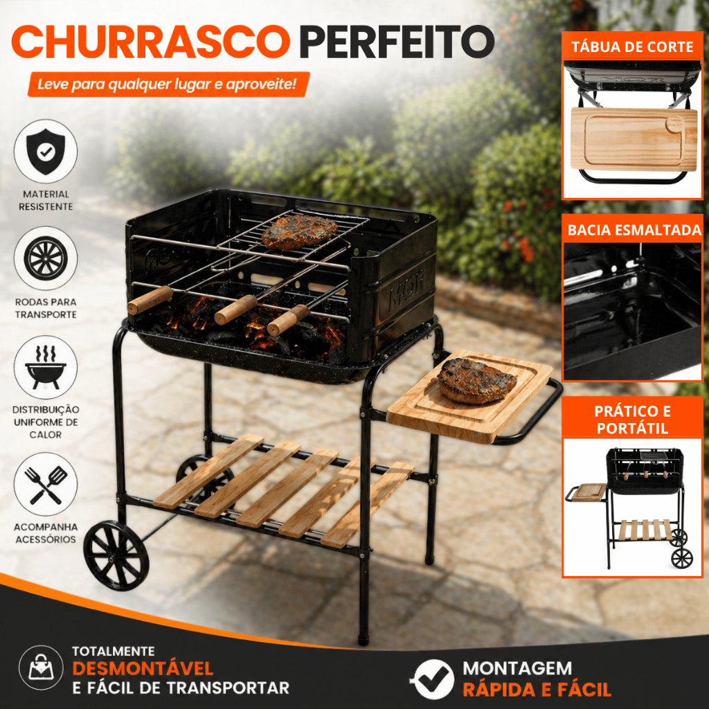 Churrasqueira Califórnia Mor Carvão Bacia Esmaltada Portátil Com Rodinhas Móvel Acessórios Compacta