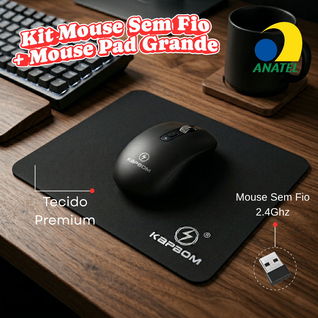 Kit Mouse Sem Fio + Mouse Pad Grande Preto Liso Emborrachado - Mousse 4 Botões Com Anatel