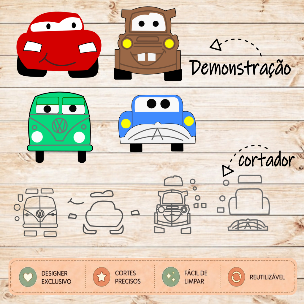 Cortador Carros Forminha Molde Kit e Unidades Mate Mcqueen Dusty Doc Hudson Confeitaria Artesanato