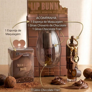 Kit Gloss Chocolate  + Gloss Chaveiro + Esponja Maquiagem Lip Gloss Brilho Hidratante