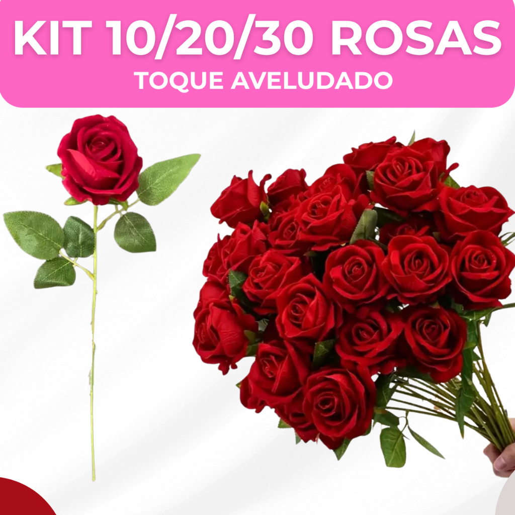 Kit 10/20/30 Rosas Artificial Aveludada 50cm Vermelha Individual Decoração Arranjo Flor