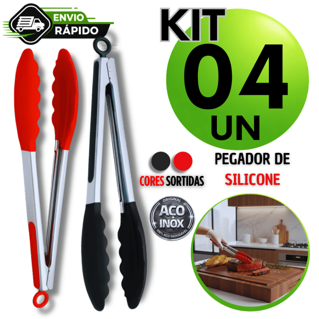 Pegador de Silicone Inox Para Cozinha Salada Massa Churrasco Fritura Pequeno Grande Premium Atacado