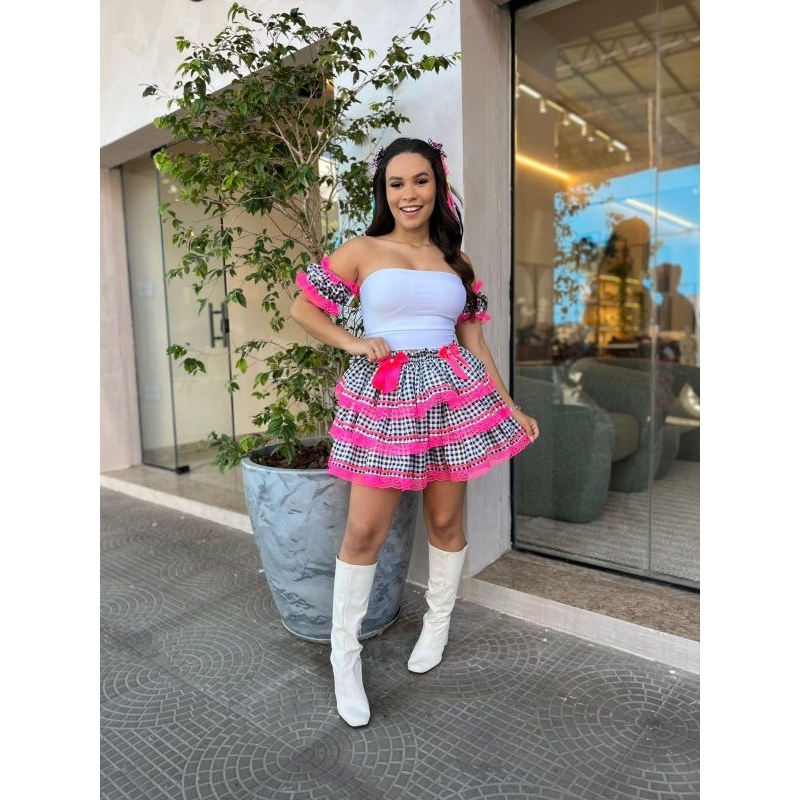 Conjunto  Saia Xadrez e Croped de Festa Junina