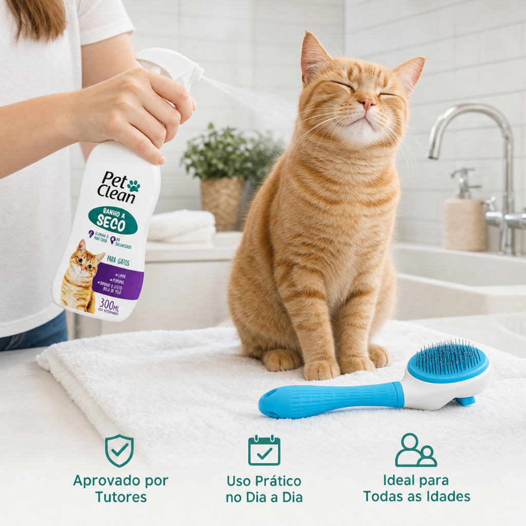 Kit Banho Seco Completo para Gatos: Banho Seco Spray 300 ml Pet Clean  + Escova Pet com Dispenser