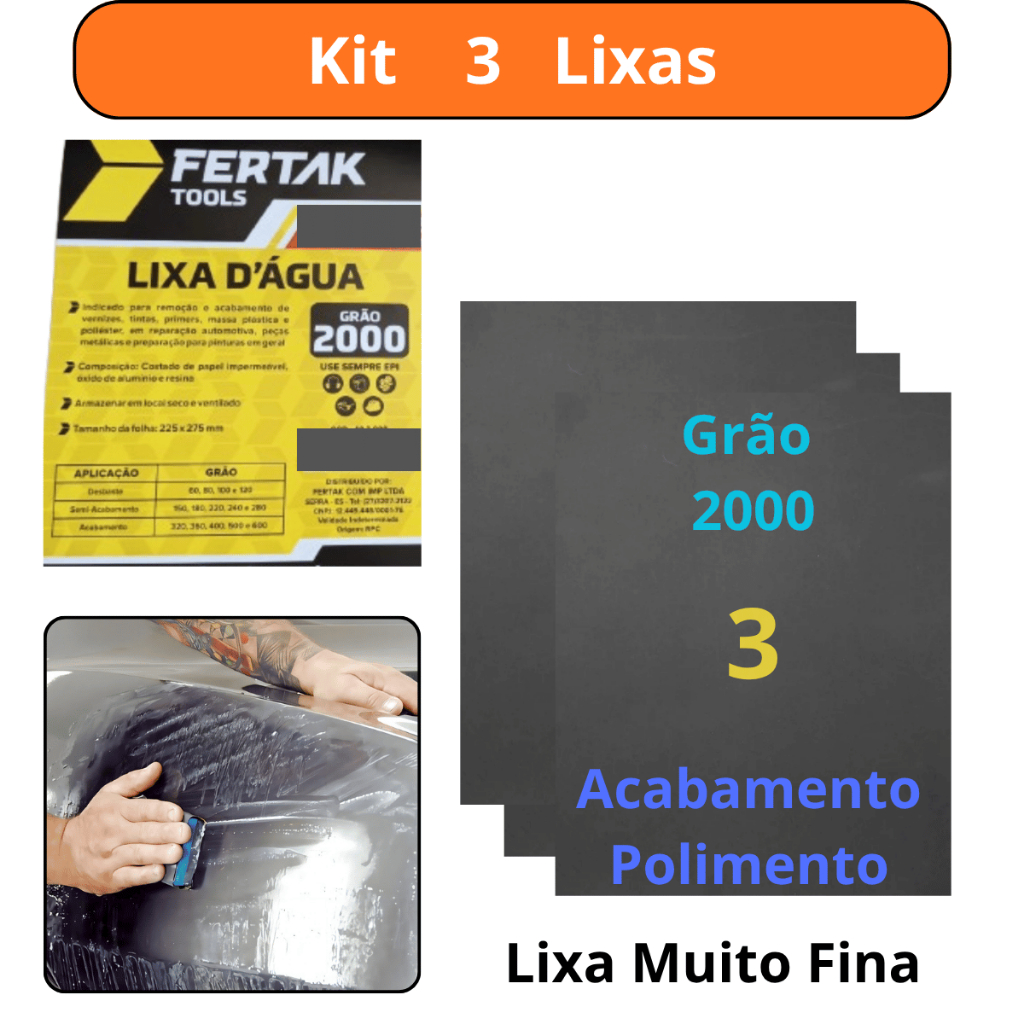 Kit 3 lixas 2000 d'agua Grão Folha Polimento Lixamento Acabamento Superfície Plástico Metal Jogo Gr