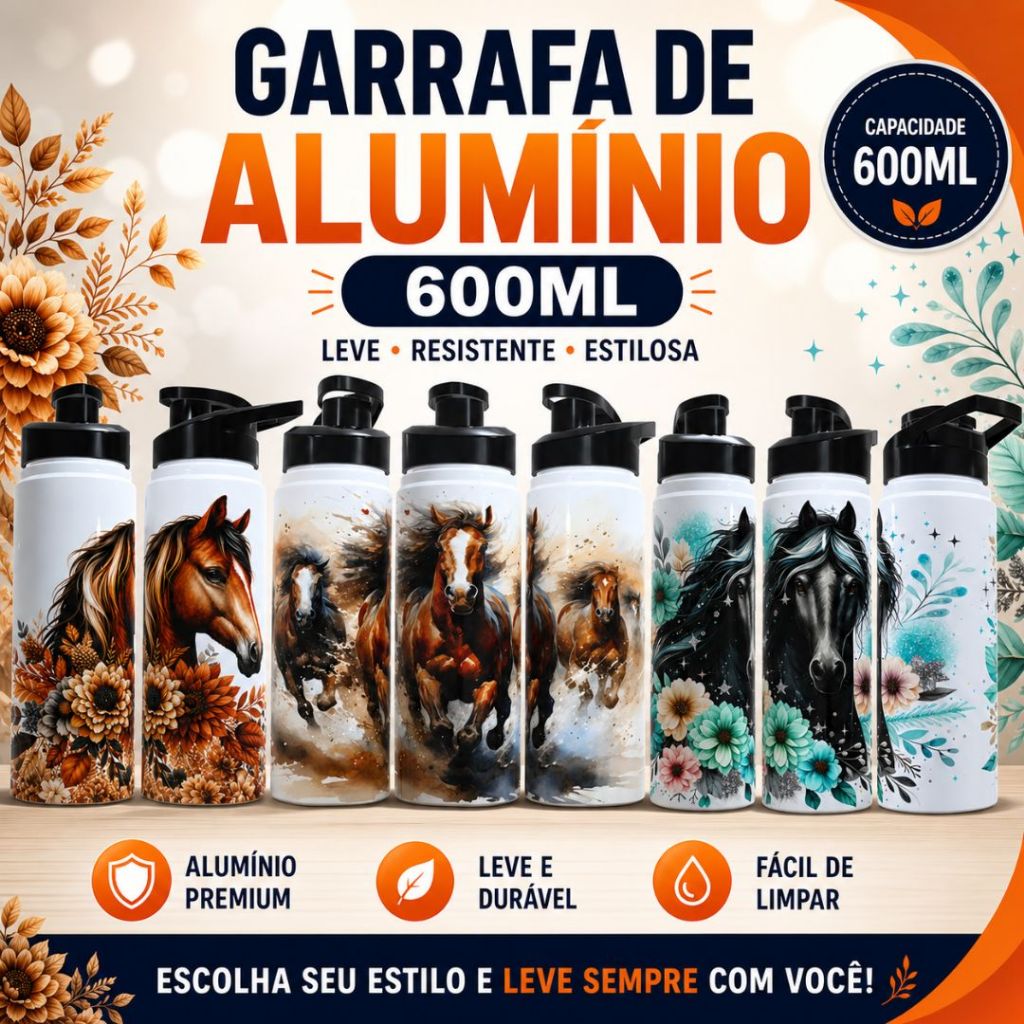 Garrafa Squeeze Alumínio 600ml ARTE: CAVALO, CAVALGADA FLORES COM CAVALO | Leve, Resistente e Estilosa
