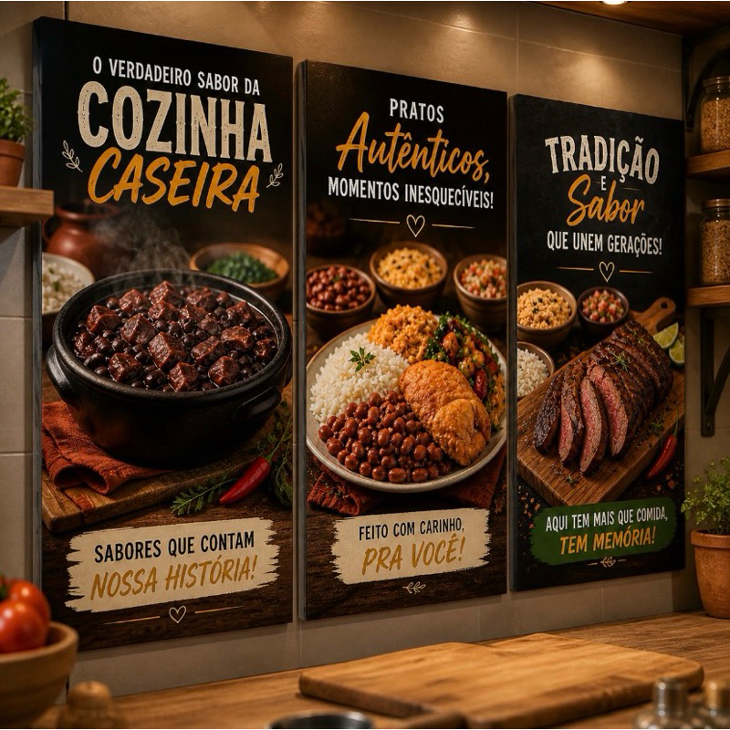Quadro Decorativo Comida e Bebidas Brasileiras Frases Casa Sala Quarto e Decoração Hall 3 peças