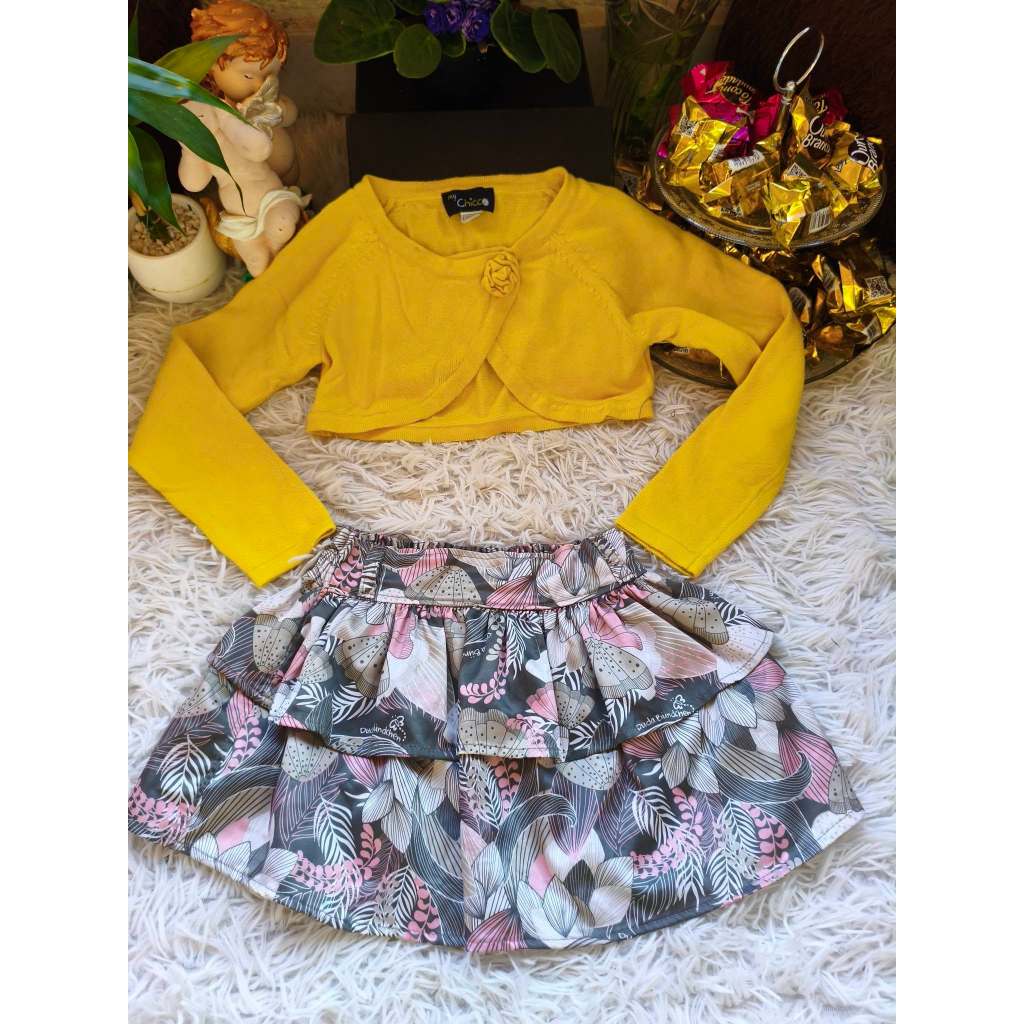 Conjunto Infantil Feminino, (Bolero Manga Longa Fio + Saia Cetim Estampada), Tam: 4, Marca: Dmbauer