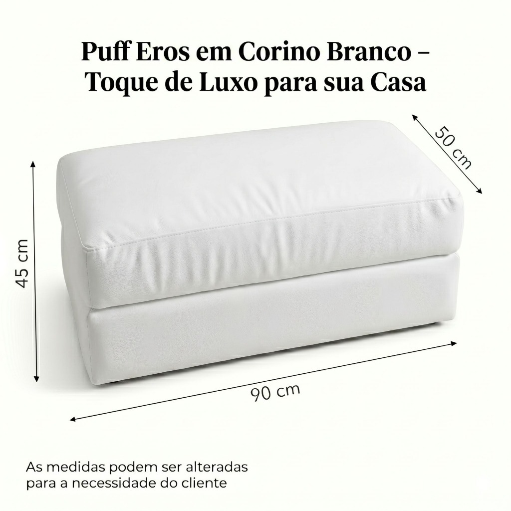 Puff Decorativo Corino Branco 90cm | Banco Estofado Moderno