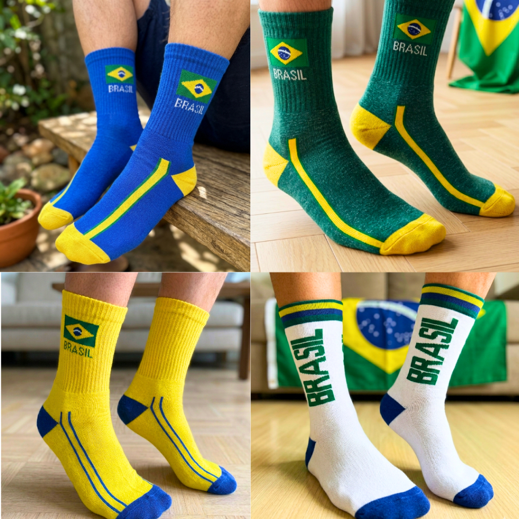 Meia Cano Alto Brasil Copa do Mundo 2026 Esportiva Unissex Academia Futebol Corrida Casual Confortável Várias Cores