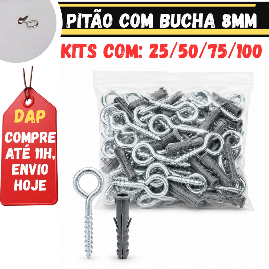 Kit Pitão Gancho com Buchas 8mm. Gancho Fechado de parede Com 25/ 50 /75/ 100 UNDIDADES.
