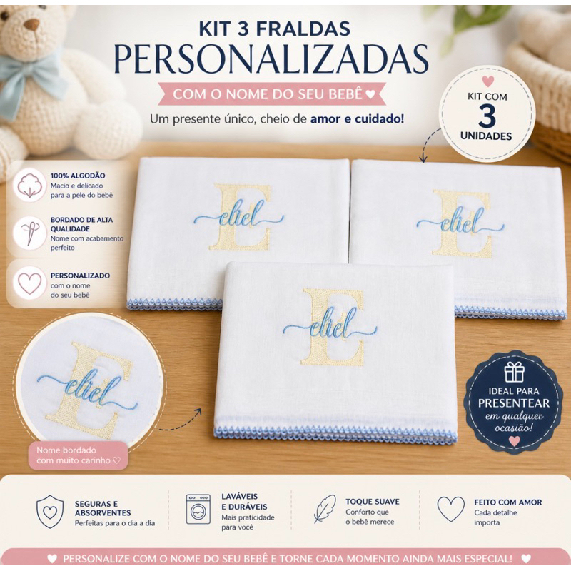 Presente Personalizado para Bebê Kit 3 Fraldas com Nome Bordado