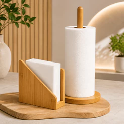 Kit Bambu Porta Guardanapo + Suporte de Papel Toalha Grande para Mesa Bancada Cozinha