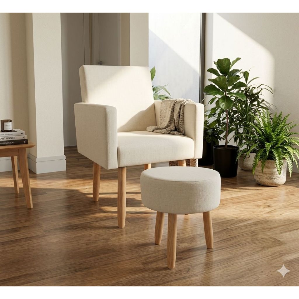 Poltrona linhan Nina + puff Jorge  Redondo decorativo Pés palito Tecido suede