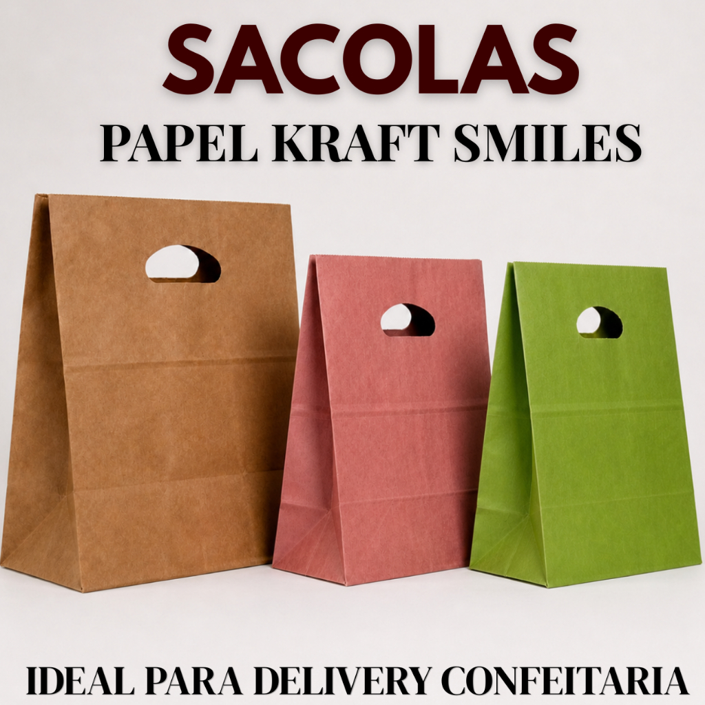 Sacolas Papel Kraft Delivery Bolos Doces Bolos de Potes Docerias Confeitaria 50 100 200 unidades