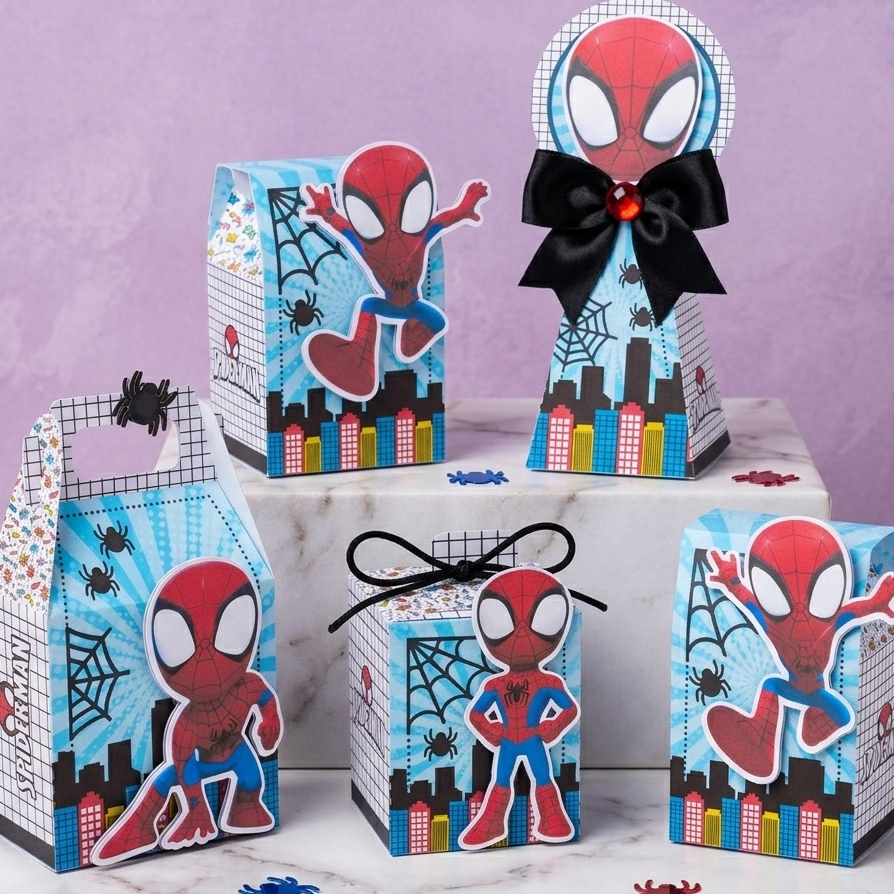 PEGUE E MONTE|Kit Festa Personalizado| HOMEM ARANHA CUTE | Caixinhas Lembrancinha para Aniversário - SEMIMONTADAS