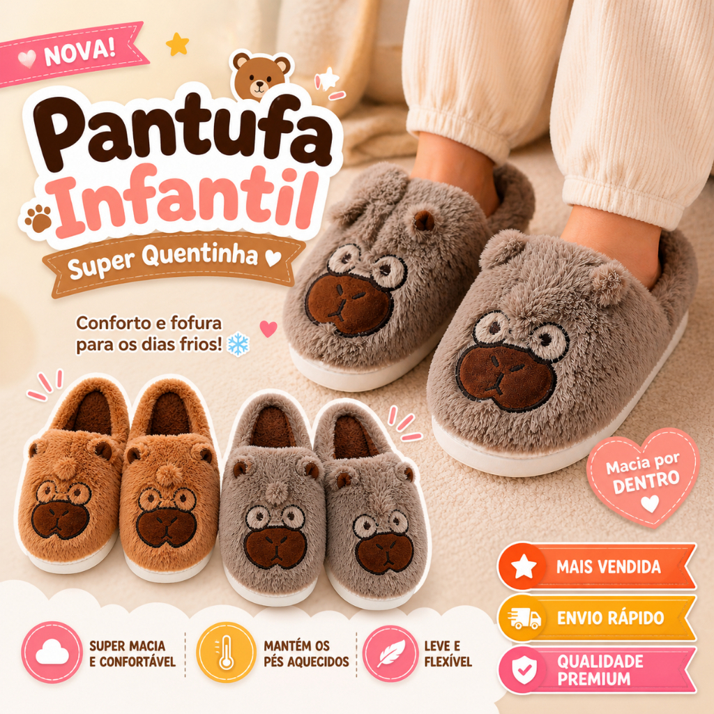 Pantufa Infantil Capivara Quentinha de Inverno Antiderrapante Pelúcia Ursinho Macia Confortável Menino Menina