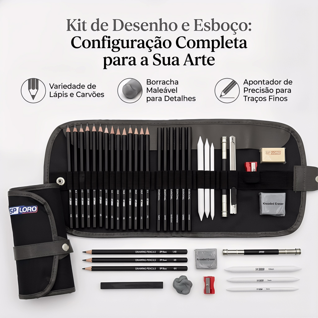 Kit Desenho e Esboço Completo com Lápis 2H-8B Carvão Estojo Profissional