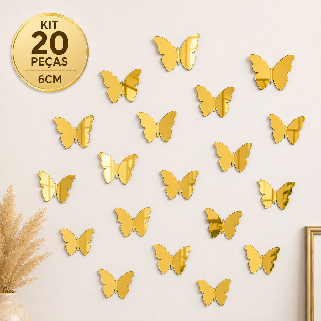Kit 20 Mini Borboleta 6cm Acrílico Espelhado Decoração Sala Quarto