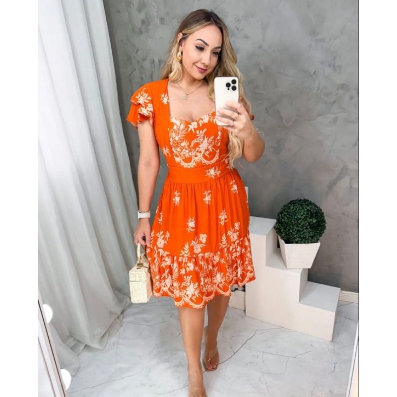 Vestido Curto Viscolinho Premium Estampado Floral Luxo Elegante Confortável Delicado