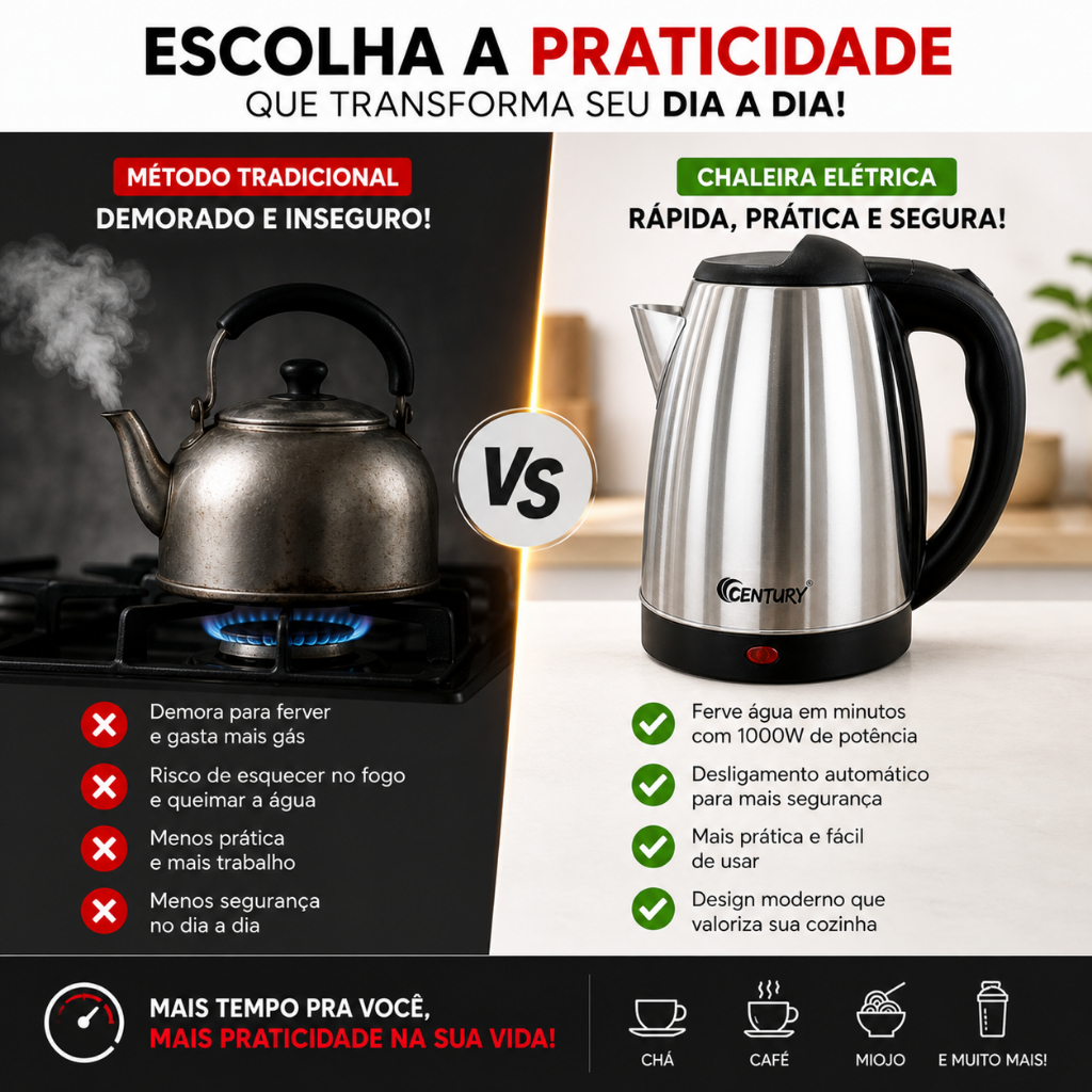 Bule Jarra Chaleira Elétrica 1,8 L 110V Inox 1000W Ferve Rápido Desliga Automático Base Giratória