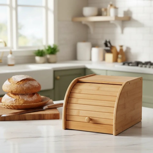 Porta Pão de Bambu Cesto com Tampa Basculante Organização Cozinha Bancada Despensa Armário