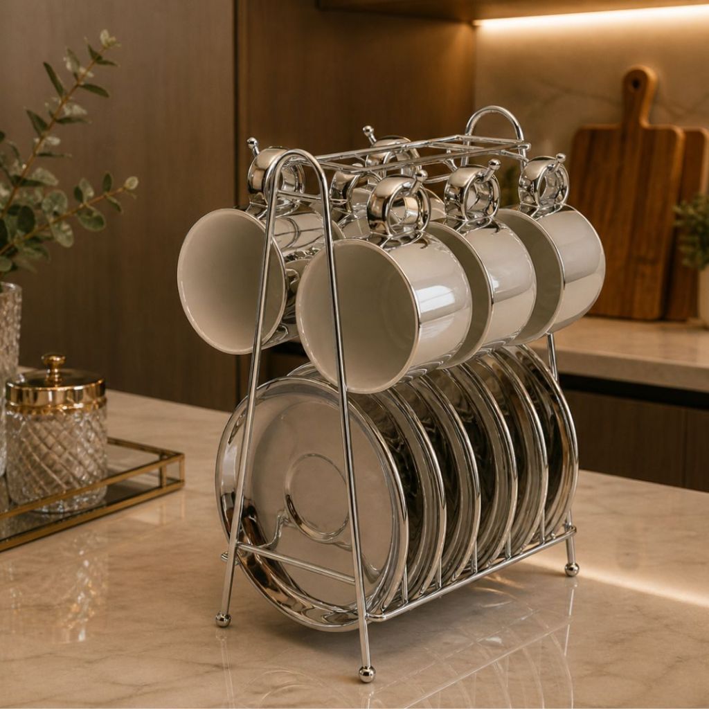 Conjunto De 6 Xícaras De Café Com Pires e Suporte Versa Prata/Branco 90Ml Wolff