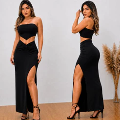 Conjunto Lana Saia Longa Com Fenda + Cropped Moda Gringa 2026 Suplex Premium