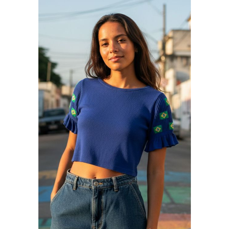 Cropped Tricot Trico Modal Manguinha Bandeira Brasil Seleção Brasileira Brasil Copa do Mundo