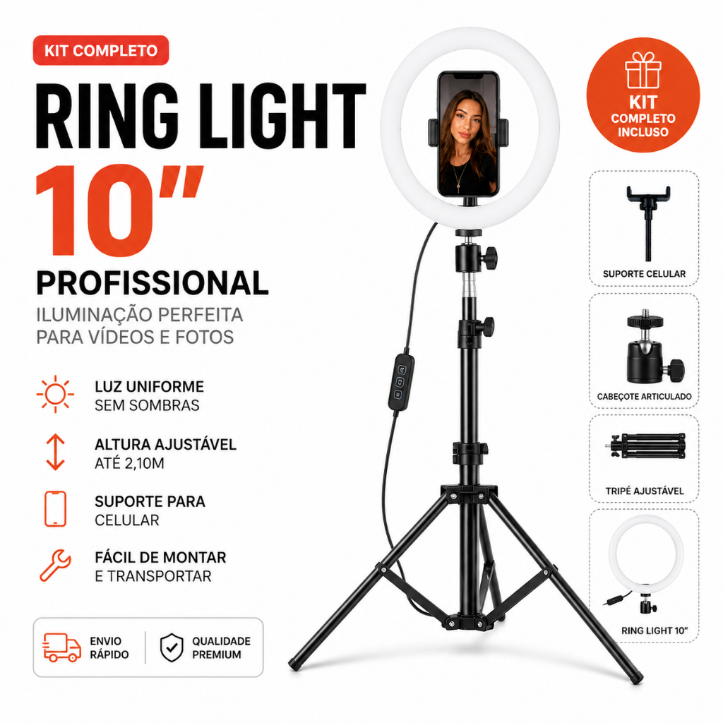 Tripé Ring Light de 2.1metros 10'' Polegadas Iluminador com Suporte de Celular e Controle Embutido
