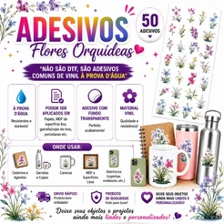 Kit 50 Adesivos Flores Orquídeas Fundo Transparente Vinil Á Prova D'água