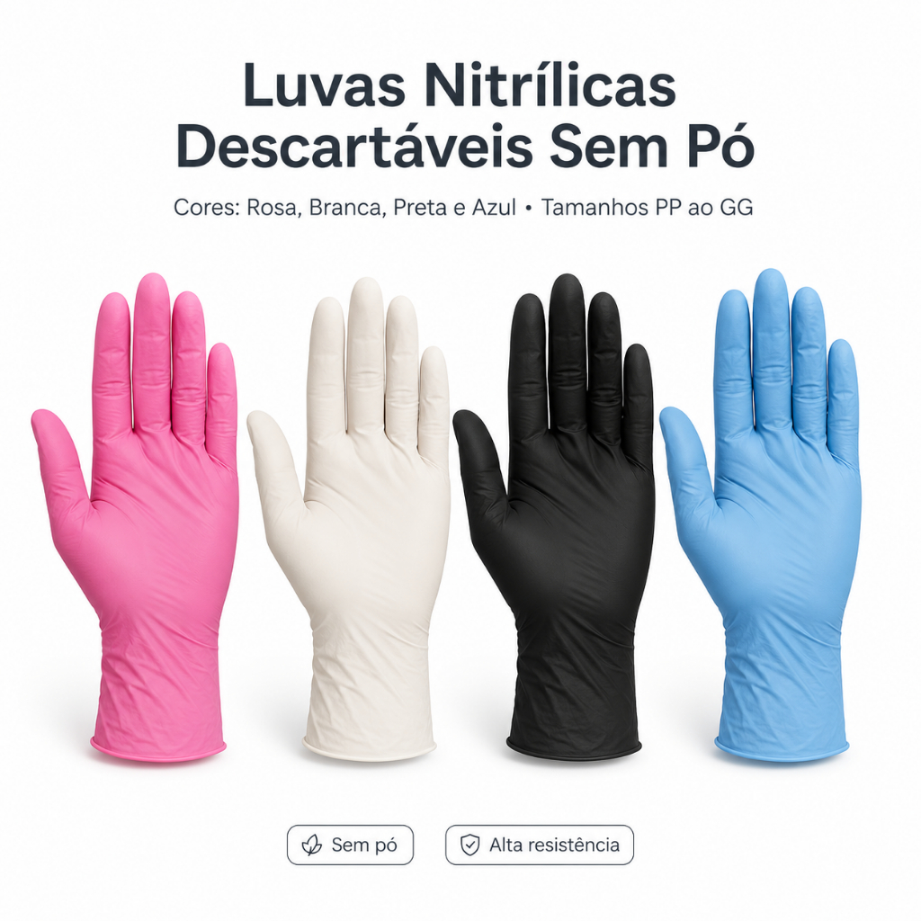 1000 Luvas Descartáveis Nitrílica Sem Pó PP/P/M/G Branca Preta Rosa sem Latex Resistente