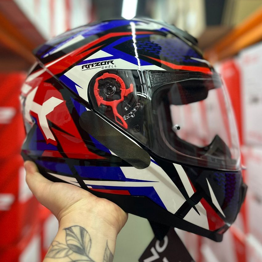 CAPACETE NORISK RAZOR SHARP AZUL VERMELHO FEMININO MASCULINO NOVO + VISEIRA CRISTAL OFERTA