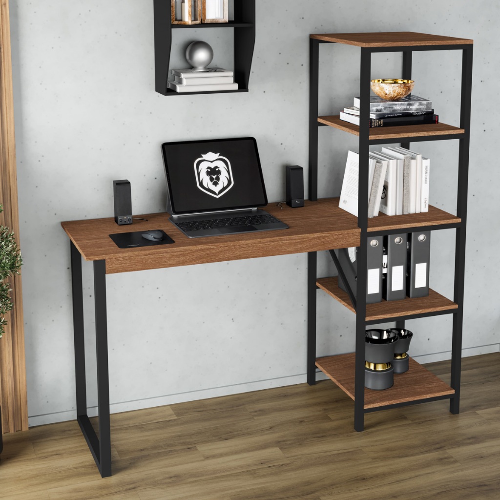 Mesa com Estante Escrivaninha 5 Prateleiras Estilo Industrial Escritório Estação de Trabalho Estudo