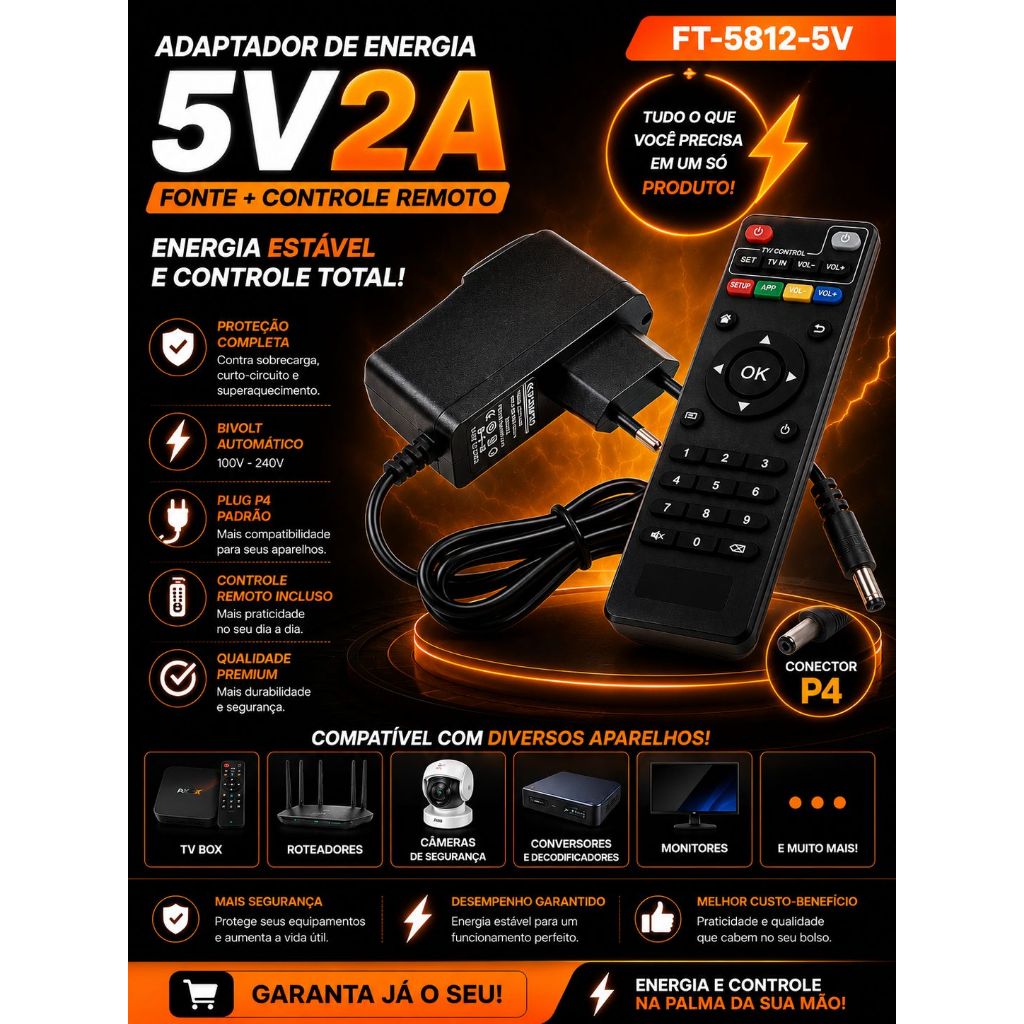 kit 2: Controle remoto universal Para TV Box e fonte de alimentação 5v2a