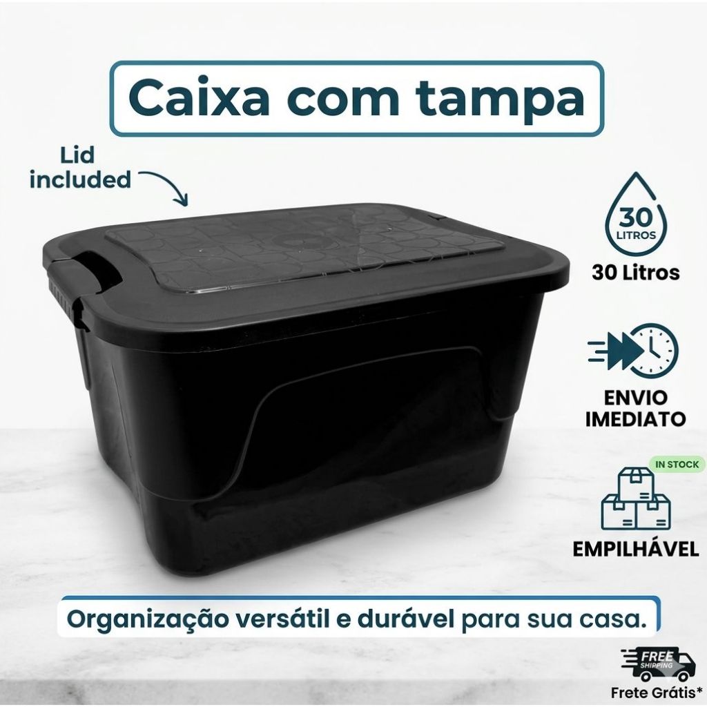 Kit com 2 Caixas Organizadora Plástica Grande 30l Com Trava Multiuso Com Tampa Empilhável Para Brinquedos Sapatos Quarto