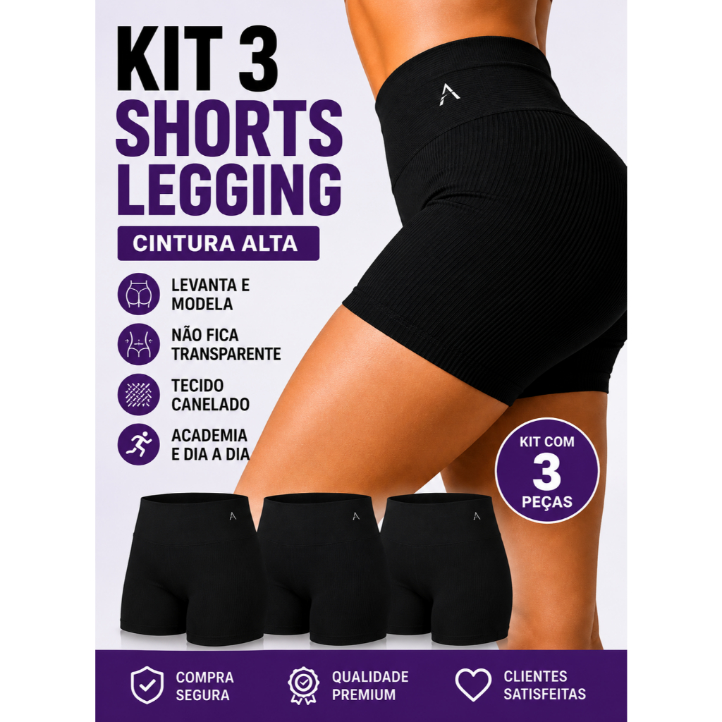 Kit 3 Shorts Legging Cintura Alta Feminino Fitness Academia Modelador Compressão